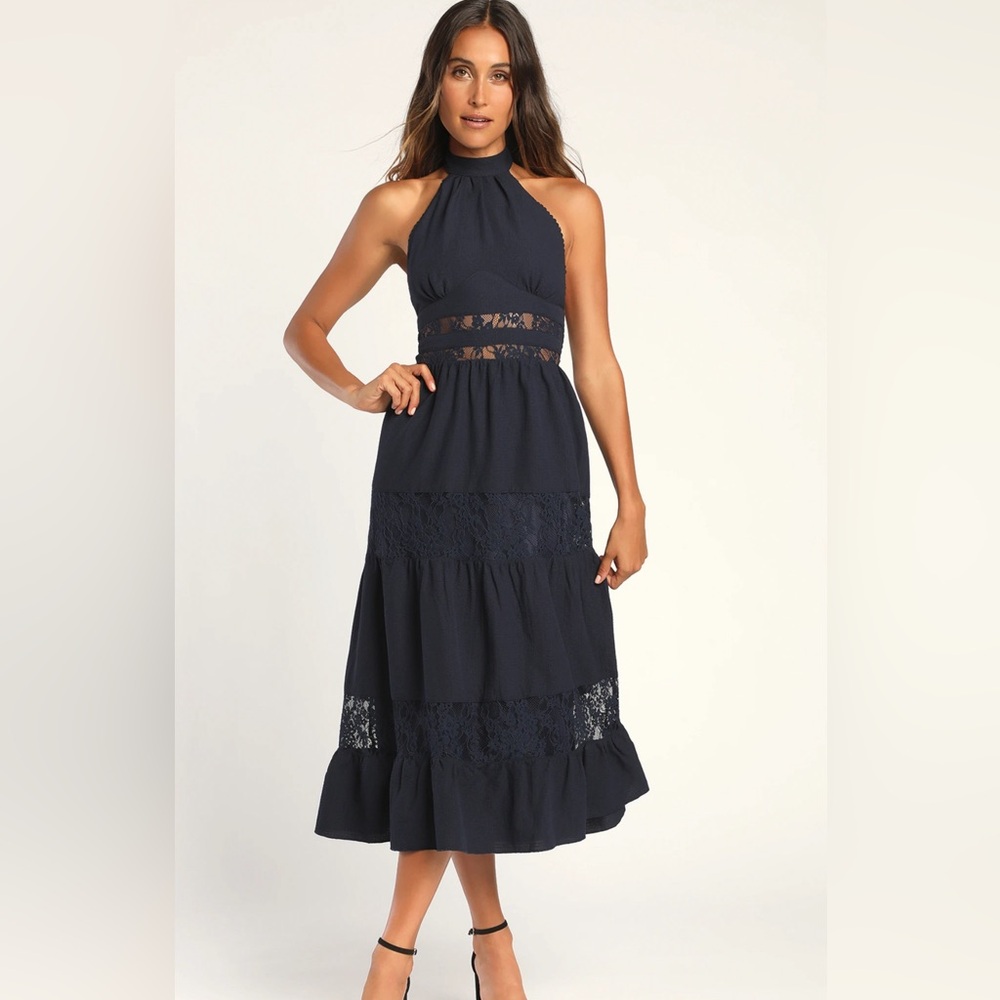 - NWT Lulu’s Navy Blue Lace Halter Midi Dress